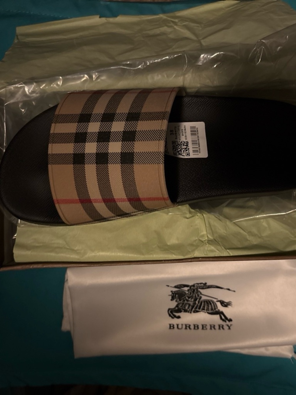Burberry Tan and Black Check Slide